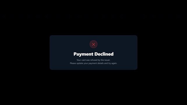 Animated payment declined notification dialog window overlay on alpha channel