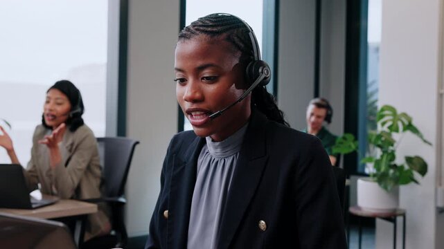 Telemarketing, headset and agent with laptop in call center for policy pitch, benefits and coverage. Consulting, woman and tech with outbound contact for insurance cover, explain terms and coworking