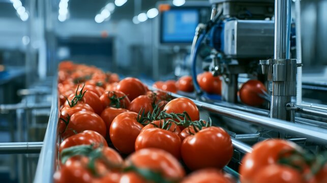 an industrial setting where large quantities of ripe red tomatoes are being processed in a factory style environment