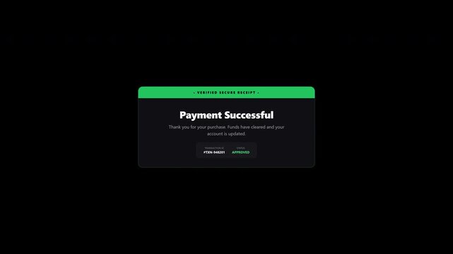 Animated payment successful notification popup overlay with alpha channel