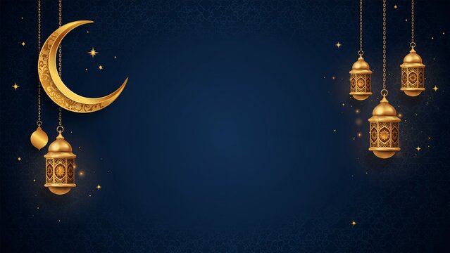 Blue Eid Mubarak Background with Large Golden Crescent Moon and Hanging Lanterns