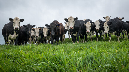 Mob of white face and dairy cross beef cattle yearlings in lush green grass pasture © Nathan McClunie