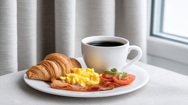 Cozy breakfast plate with scrambled eggs bacon croissant and coffee