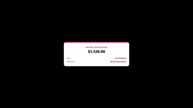 Digital banking debit payment push notification pop up on transparent background