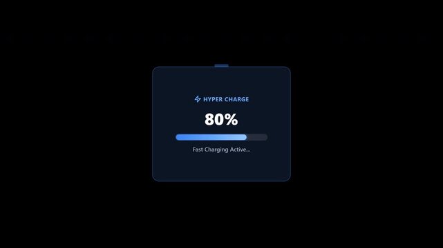 Digital battery fast charging progress bar interface on transparent background