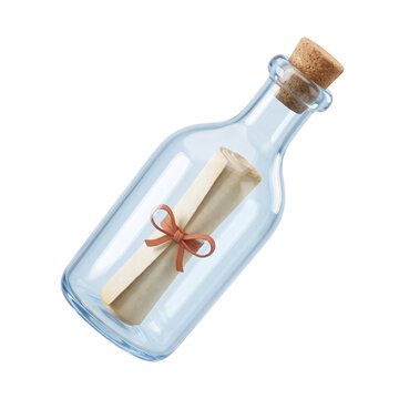 3D render of a message in a bottle with rolled paper scroll isolated on black