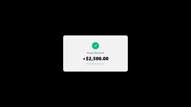 Digital funds received payment notification pop up alert on transparent background