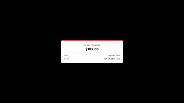 Digital payment rejected notification card pop up overlay with alpha channel