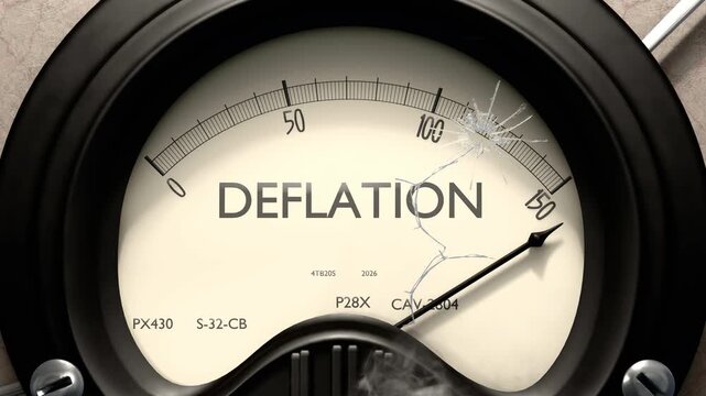Deflation meter showing big levels of deflation. Dangerously increasing high values of deflation, critical overload. Too much, off the charts. Max deflation