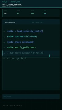 Animated code editor showing automated test suite execution with passing results. Dark terminal interface displays security testing functions completing successfully. For software development and QA.
