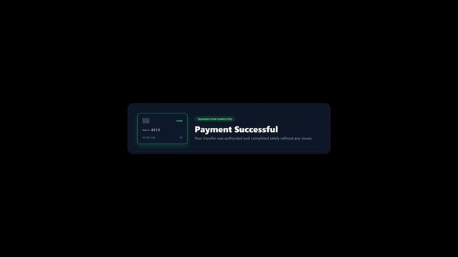 Digital payment successful notification popup interface with credit card overlay