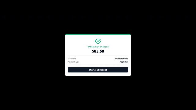 Digital payment transaction complete pop up notification on transparent background