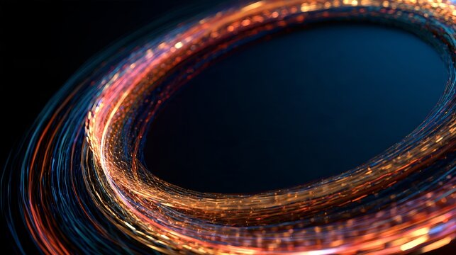 an artistic blend of astrophotography and light painting techniques. a bright, circular celestial body dominates the left side, emanating a radiant glow of lights that form a halo around it