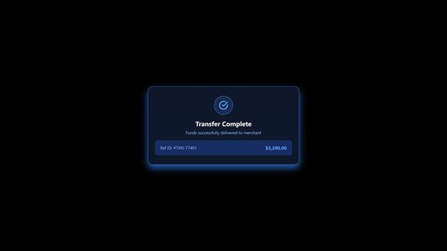 Digital payment transfer complete notification popup on transparent background