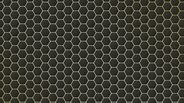 Geometric dark hexagon pattern texture with gold outline honeycomb grid, modern luxury metallic mesh background design for modern tech banners, abstract black futuristic cellular grid wallpaper