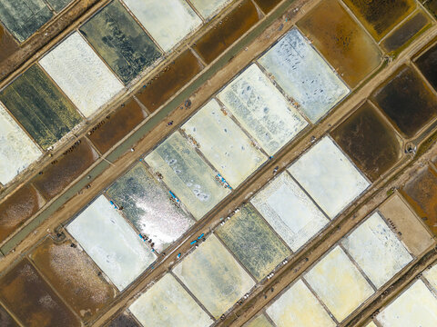 Aerial view of Salt Ponds with geometric patterns of water evaporation beds in Kedung, Central Java, Indonesia.