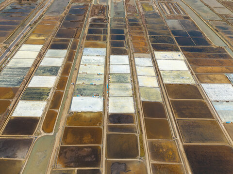 Aerial view of Salt Ponds in a geometric grid pattern with varying water levels and colors in Kedung, Central Java, Indonesia.