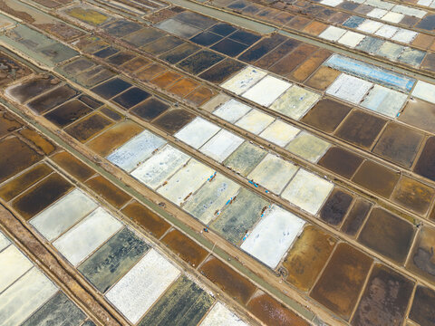 Aerial view of the Salt Ponds featuring a geometric grid of salt evaporation ponds with varying water colors and textures in Kedung, Central Java, Indonesia.