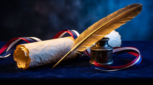 Vintage quill pen leans against aged paper scroll and inkwell on blue velvet surface creating historic atmosphere for literature or calligraphy themed marketing.
