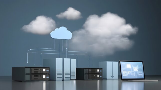Modern cloud computing infrastructure with servers  network connections  and a laptop displaying system architecture