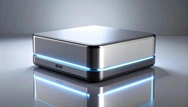 Futuristic Metallic Mini Computer Box with Glowing Cyan LED Light Strip on Reflective Surface.