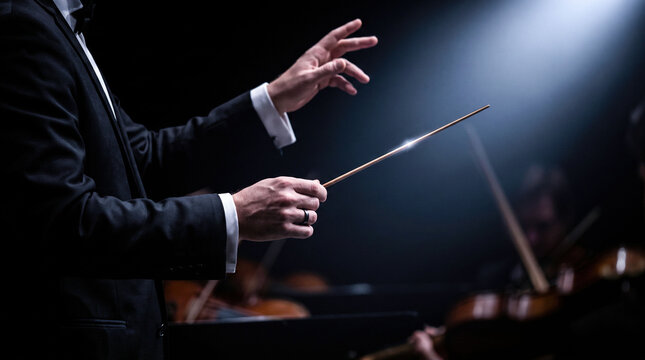 Orchestra conductor hands holding baton in dark concert hall stage spotlight directing classical music performance with blurred violinists in back background.