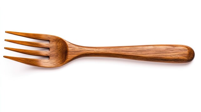 Handcrafted wooden fork with four tines on white background