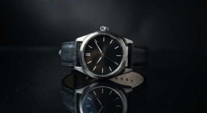 Black dial wristwatch with silver case and reflection on a dark glossy surface