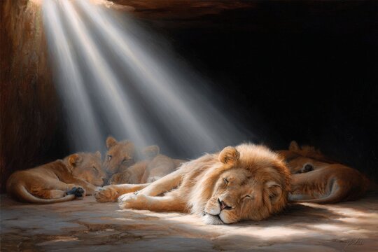 Daniel in the Lion&rsquo;s Den, Realistic Biblical Scene with Serene Expression, Peaceful Lions, and Celestial Light
