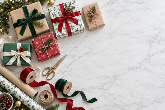 Christmas gifts with ribbons, wrapping paper, scissors twine on white marble table, flat lay copy space