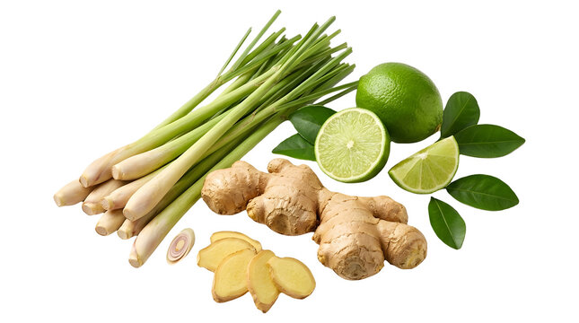 Fresh lemongrass stalks with ginger root and lime slices isolated on transparent background
