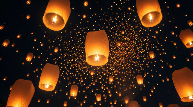 Hundreds of glowing sky lanterns ascend into the night sky during a festive release ceremony