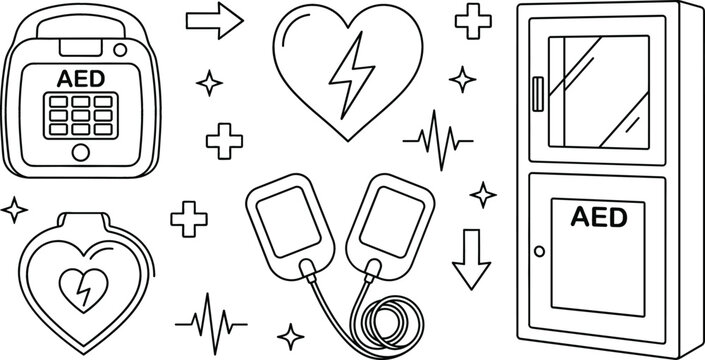 Automated external defibrillator AED medical equipment set with pads cabinet and heart icons in linear outline style illustration