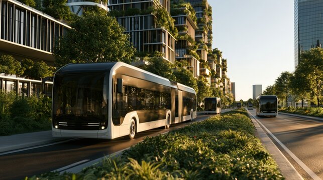 an eco friendly cityscape with modern public transportation. a sleek bus that appears to be electric is traveling down a tree lined street lined with contemporary architecture
