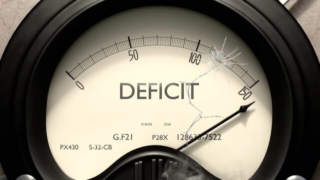 Deficit meter showing big levels of deficit. Dangerously increasing high values of deficit, critical overload. Too much, off the charts. Max deficit