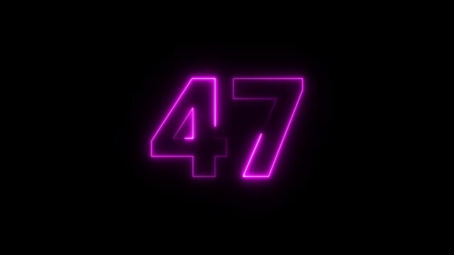 Number 47 glowing blue neon light effect in motion on a black background
