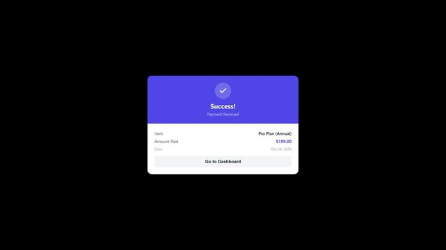 Payment success confirmation dialog popup card with transparent background