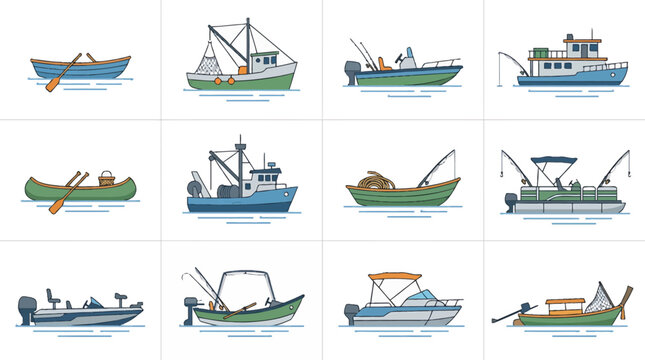 Small commercial fishing boat floating on calm blue ocean water with fishing nets and equipment on deck, vector illustration of a marine vessel for seafood industry.