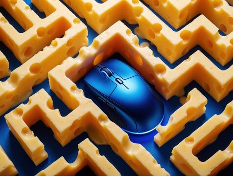 Blue wireless computer mouse stuck inside yellow cheese labyrinth. Creative concept of finding way through complex maze. Tech gadget lost in cheese puzzle with holes. Symbol for problem solving,