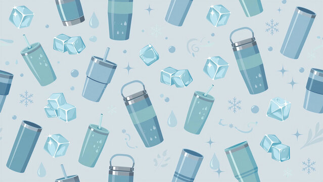 Seamless pattern featuring a thermal tumbler, a straw, crushed ice, and ice cubes.