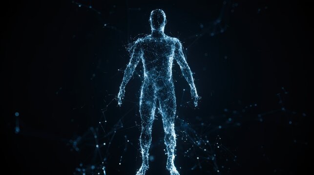 Digital human silhouette made of blue glowing network lines