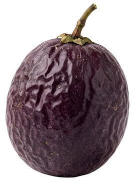 Single fresh whole passion fruit with wrinkled purple skin and stem isolated on transparent background