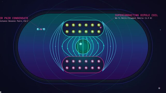Educational animation of relativistic particle acceleration showing a proton bunch moving through a superconducting dipole coil, quadrupole FODO lens, and RF cavity in a subatomic collider nexus