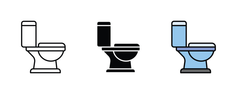 Set of toilet icons in outline, solid, and colored styles, representing bathroom fixtures for interior design and plumbing concepts