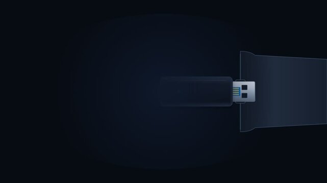 Dynamic USB drive connection animation with glowing data transfer visualization, representing digital connectivity, data storage, and seamless technology integration for modern networks.