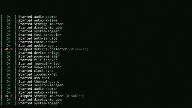 Terminal screen recording of system boot log scrolling with green OK statuses and orange warnings on dark display. Tech aesthetic for software, cybersecurity, and coding themes.