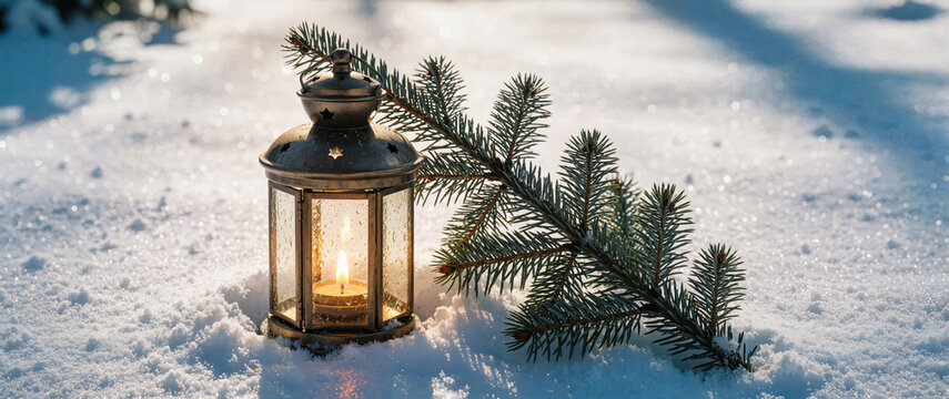 In the sunlight, a Christmas lantern rests on snow with a branch of fir. Winter decoration background