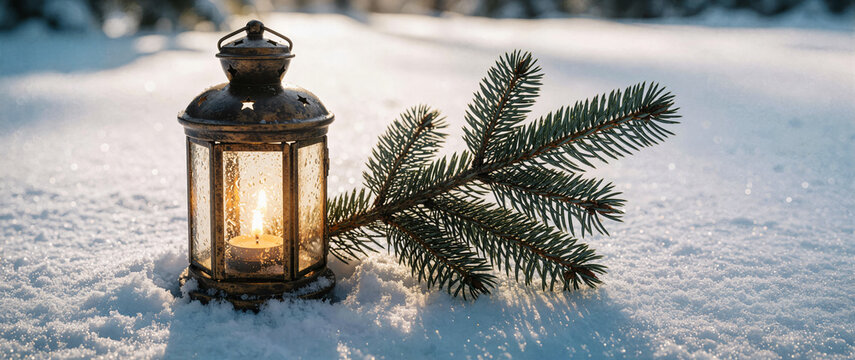 In the sunlight, a Christmas lantern rests on snow with a branch of fir. Winter decoration background