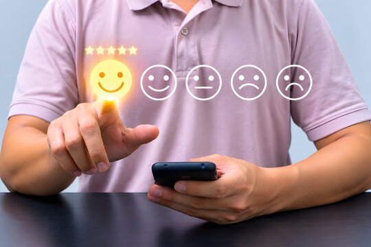 A casual man is providing customer feedback and star ratings on his smartphone, surrounded by digital icons related to service evaluation and online user reviews.