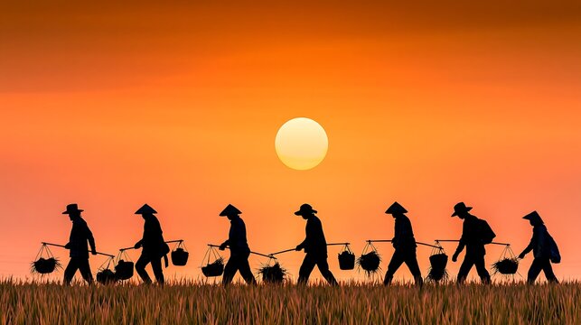 黄金色の夕日を背に天秤棒を担いで一列に歩くアジアの農民たちの美しいシルエット